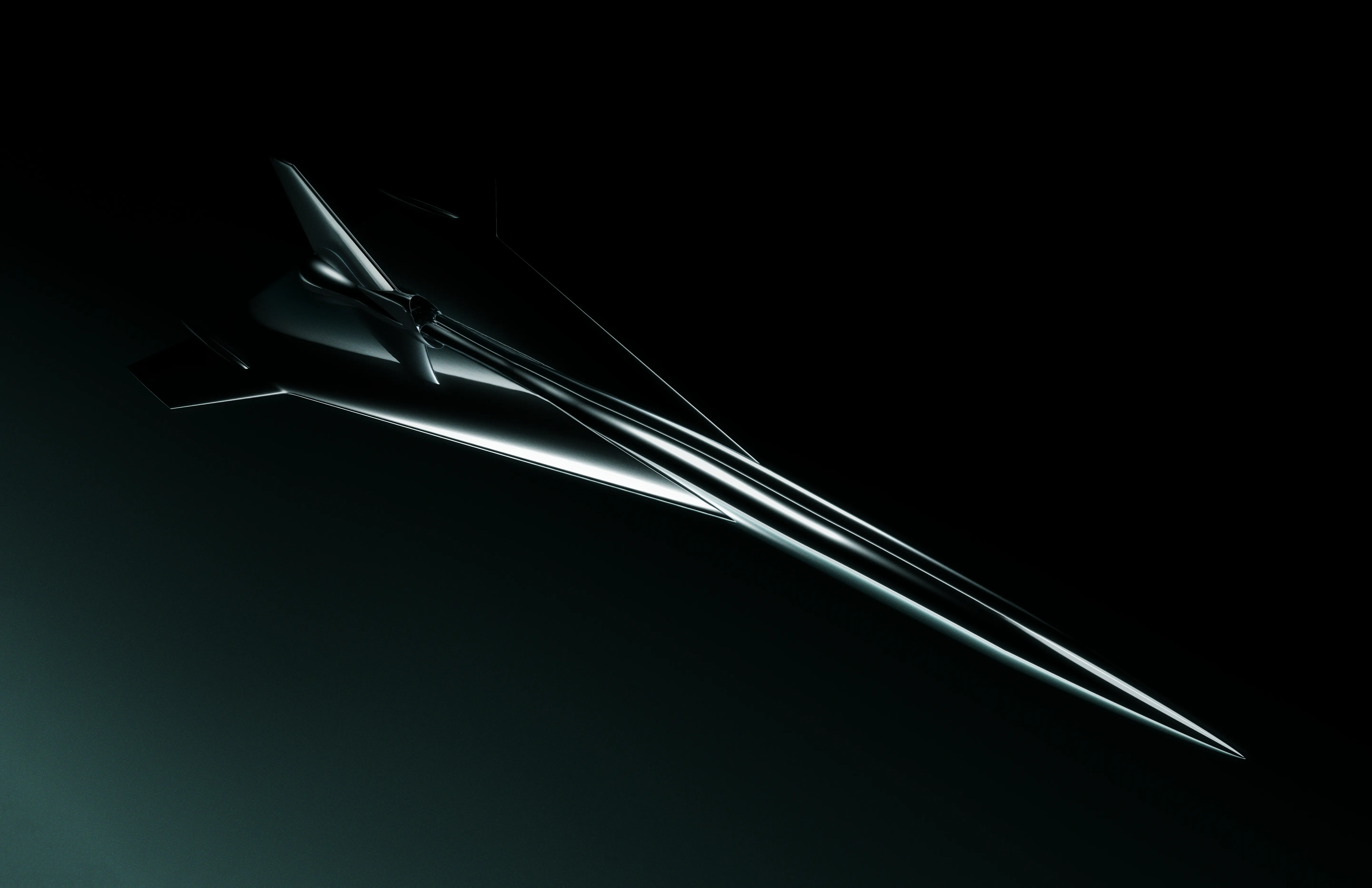 A sleek chrome rendering of a plane on a dark background.
